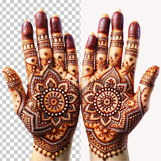 PSD traditional decorated henna hands on transparent background