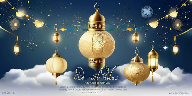 Traditional Eid Mubarak holy festival banner blue and golden with text space