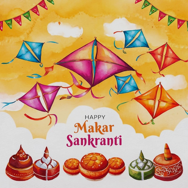 PSD traditional festival background for makar sankranti with flying kites