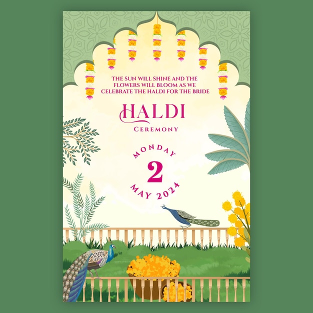 PSD traditional indian royal haldi mehendi wedding invitation card design with mughal architecture tree