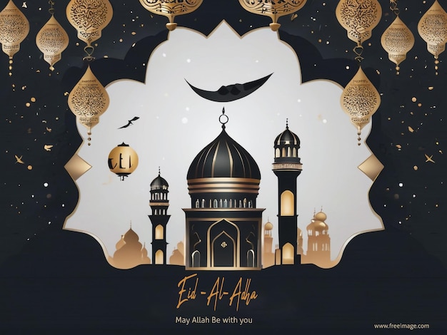 Traditional islamic eid al adha mubarak dark and golden colure banner design