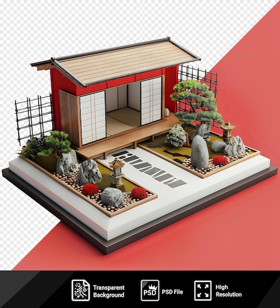 Traditional Japanese model house with sliding doors and zen garden isolated on transparent background