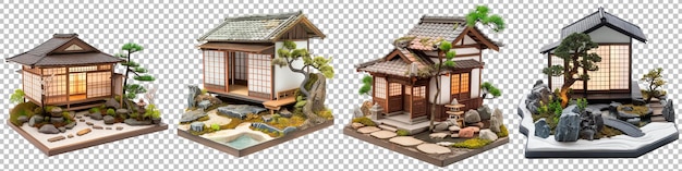 Traditional Japanese Model House with Sliding Doors and a Zen Garden Set Isolated on Transparent Background