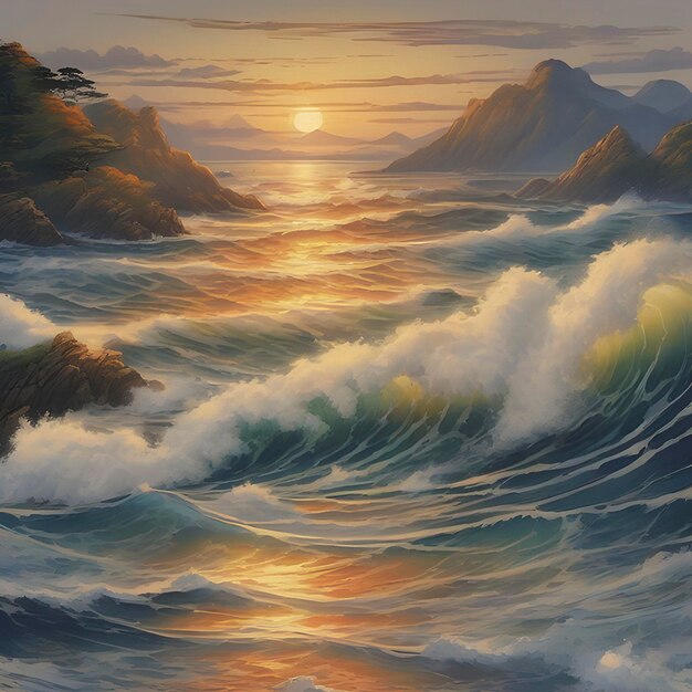 PSD traditional japanese style painting of the ocean and beautiful waves at sunset