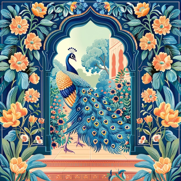 PSD traditional mughal arch garden with peacock indian illustration