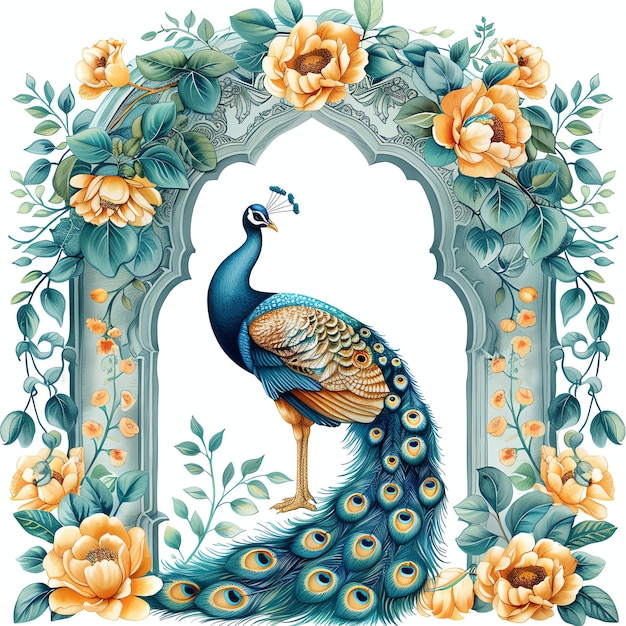 PSD traditional mughal arch garden with peacock indian illustration