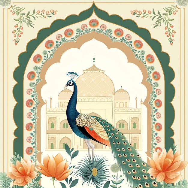 PSD traditional mughal arch garden with peacock indian illustration