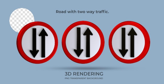 Traffic Sign Road with two way traffic 3d rendering transparent background