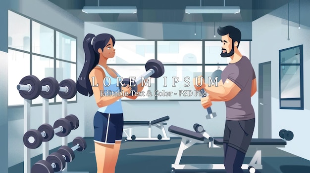 Trainer men are teaching woman lifting a dumbbell