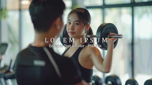 Trainer men are teaching woman lifting a dumbbell