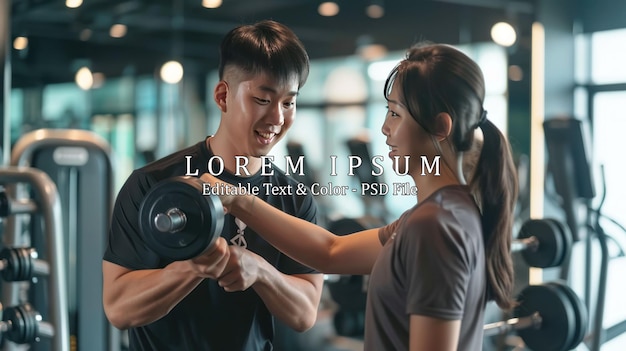 Trainer men are teaching woman lifting a dumbbell