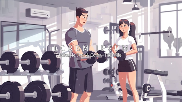 Trainer men are teaching woman lifting a dumbbell