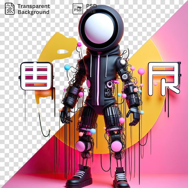 tranparent background 3d model of an abstract creature with a round white head and a black body consisting of elements resembling chains