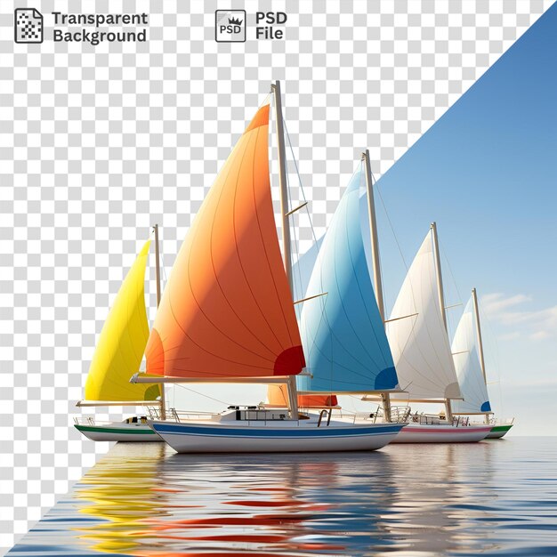 PSD tranparent background of sailboats on calm blue waters under a clear blue sky with white clouds