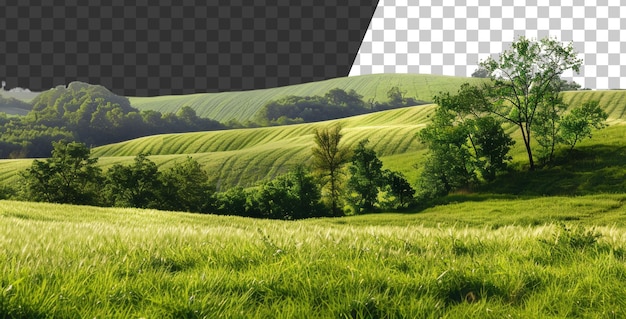 Tranquil green trees on a grassy hill in a serene natural landscape on transparent background stock png