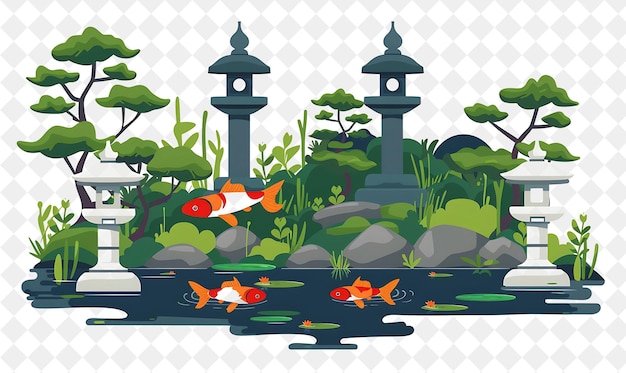 PSD tranquil japanese garden with elegant stone lanterns and vib illustration natural scenery design