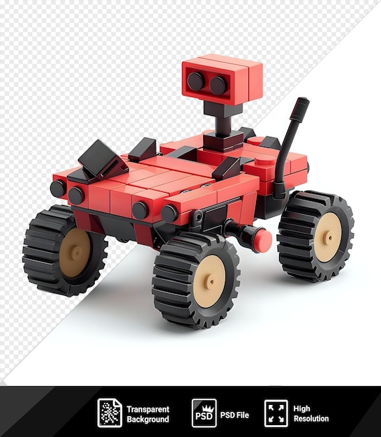 transparent 3d model of the mars rover featuring black tires and a red toy