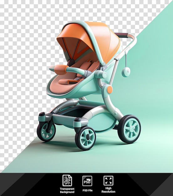 transparent baby stroller with black wheels and an orange seat on a blue background