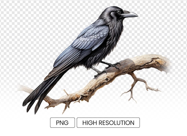 Transparent Background American Crow on Perched Branch Photorealistic Bird