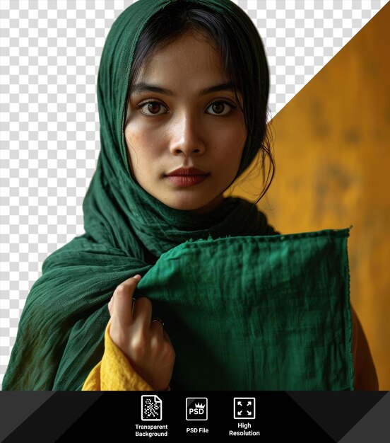 transparent background asr a young woman with brown eyes and a small nose holds a yellow banana in her hand while wearing a green scarf