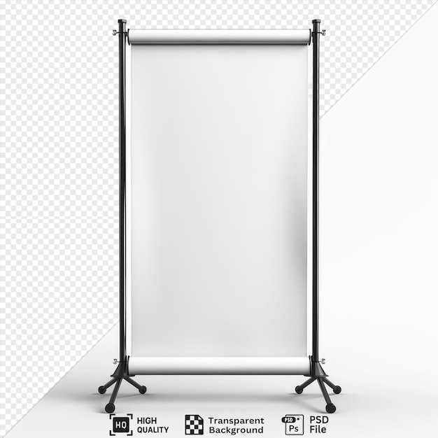 transparent background blank roll up banner display raster 3d illustration isolated on transparent background featuring black wheels and a metal and black stand png