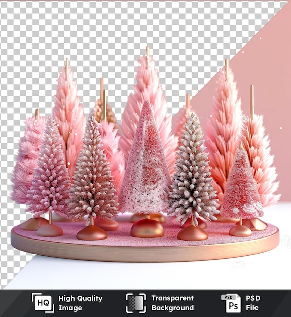 PSD transparent background christmas trees mockup with pink and small trees and a pink wall