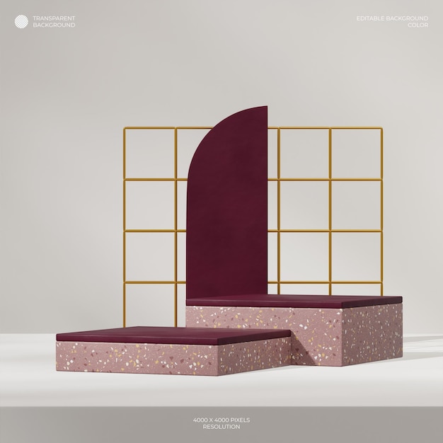 transparent background of dark red block podium in square gold grid and terrazzo rendering 3d