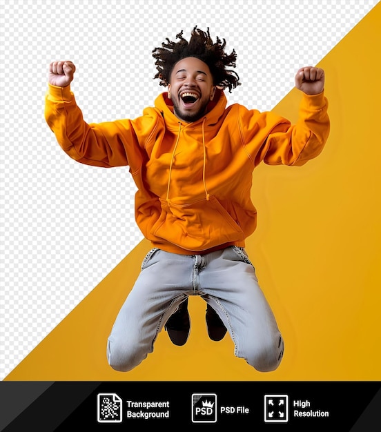 transparent background feeling great as a young man with curly black hair and a raised hand wearing a yellow jacket and blue jeans with an open mouth and a raised hand in the foreground png