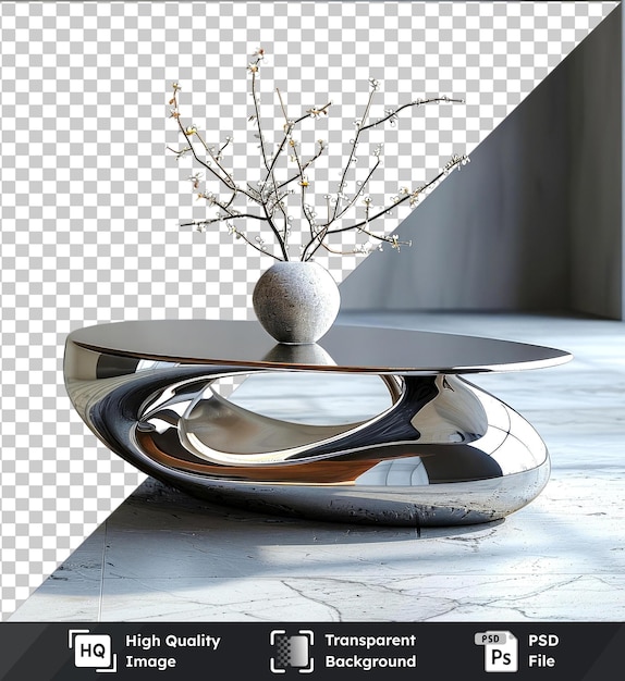 PSD transparent background metal coffee table with white vase and round ball against gray white wall