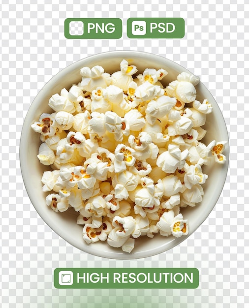 Transparent background popcorn PNG Isolated bowl of freshly popped popcorn