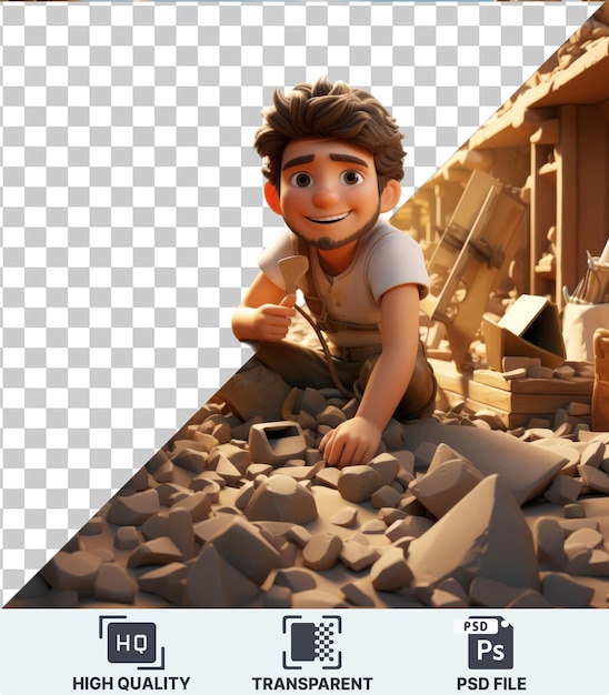 transparent background psd 3d archaeologist cartoon excavating ancient artifacts a smiling man with black and brown hair stands in front of a blue sky with a white arm visible in the foreground