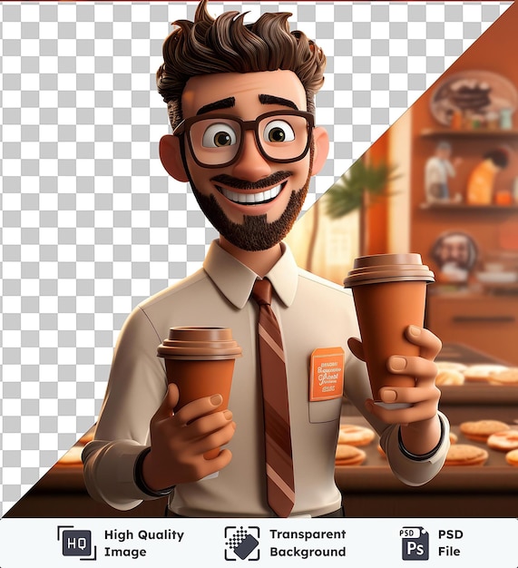 PSD transparent background psd 3d cartoon barista holding a cup of coffee