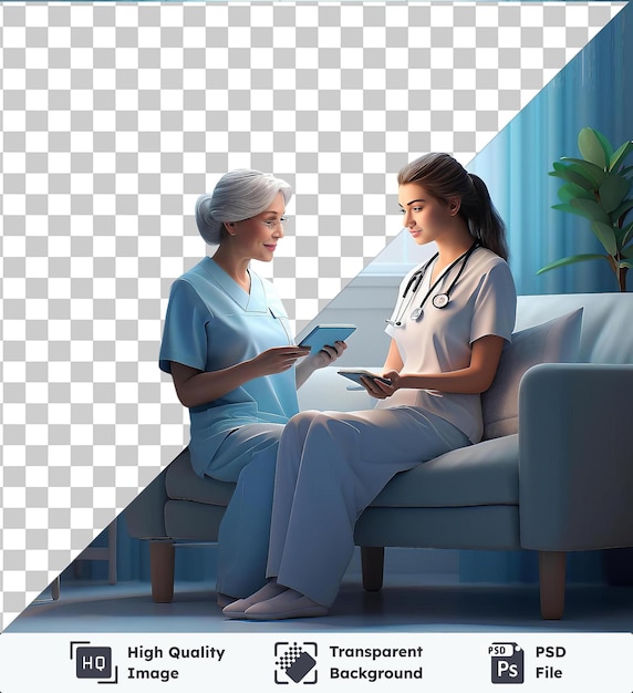 PSD transparent background psd 3d nurse caring for a patient in a room with a white lamp blue and white floor large window white and gray hair white shirt blue and white floor