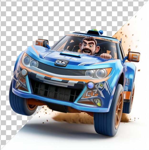 Transparent Background PSD 3D race car driver cartoon competing in an intense rally