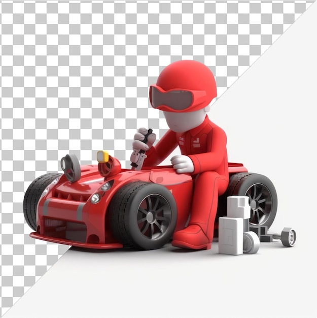 Transparent Background PSD 3D race car mechanic cartoon finetuning a highperformance car