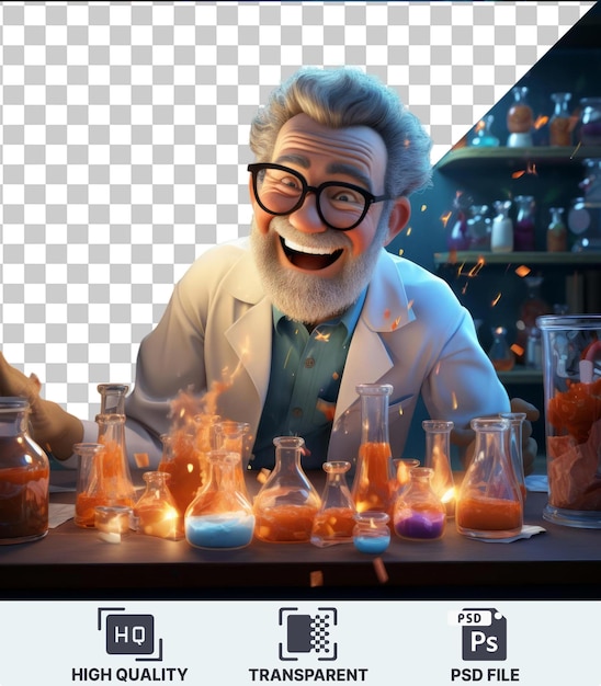 Transparent Background PSD 3D scientist cartoon conducting experiments