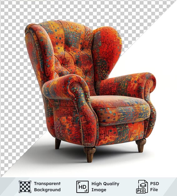 PSD transparent background psd armchair with wooden leg and white wall casting shadow