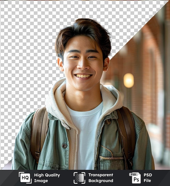 Transparent background psd Asian student in green jacket smiling in front of brick building