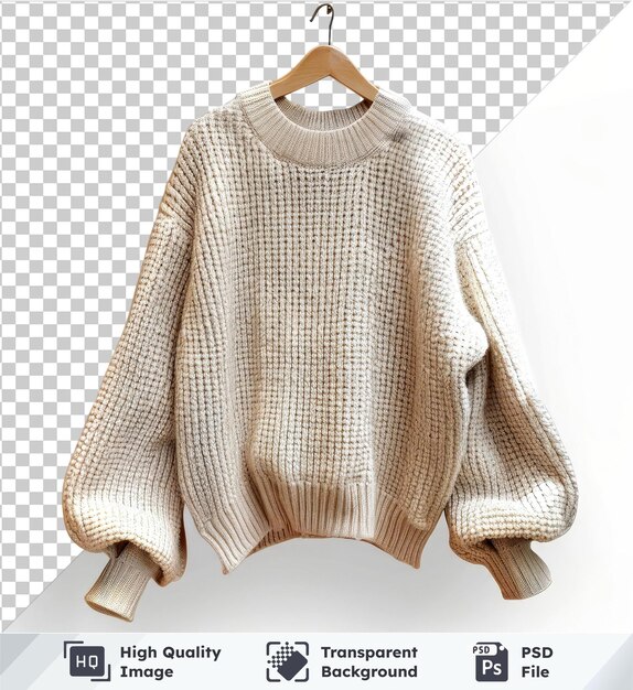 PSD transparent background psd beige sweater on a wooden hanger