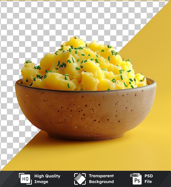 transparent background psd bowl of mashed potatoes on a yellow table with a dark shadow in the foreground