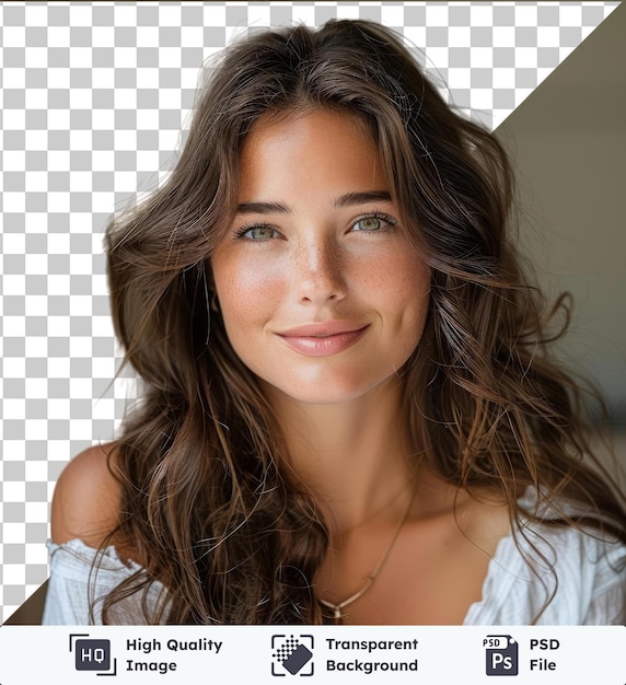 transparent background psd brunet cheerful young woman beauty portrait perfect makeup long chic elegant hair model tests young cute girl in white shirt looking at the camera