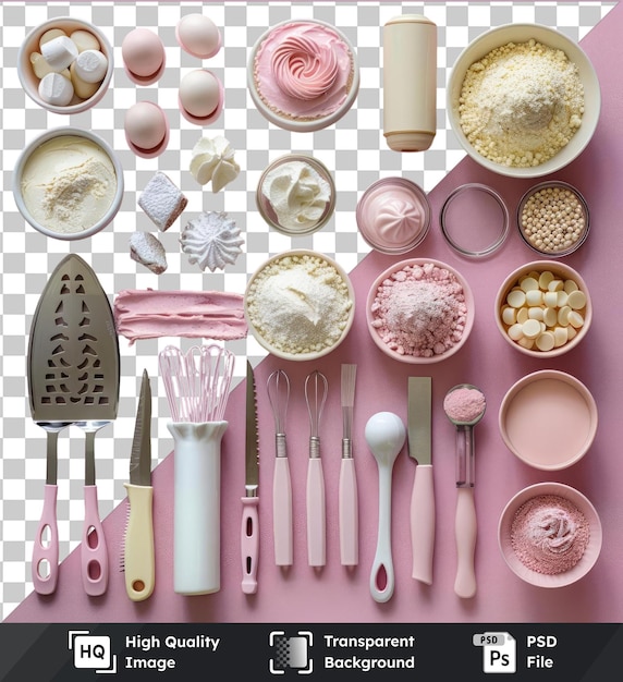 PSD transparent background psd cake decorating supplies set featuring a variety of white and pink bowls silver and white spoons a silver knife and a pink table