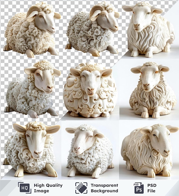 Transparent background psd of ceramic sheep figurines in various views isolated on royaltyfree