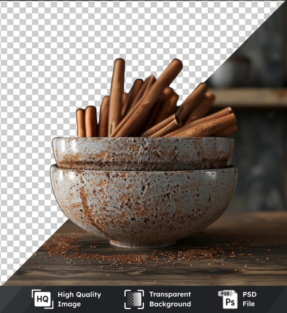 PSD transparent background psd cinnamon sticks in a bowl on a wooden table