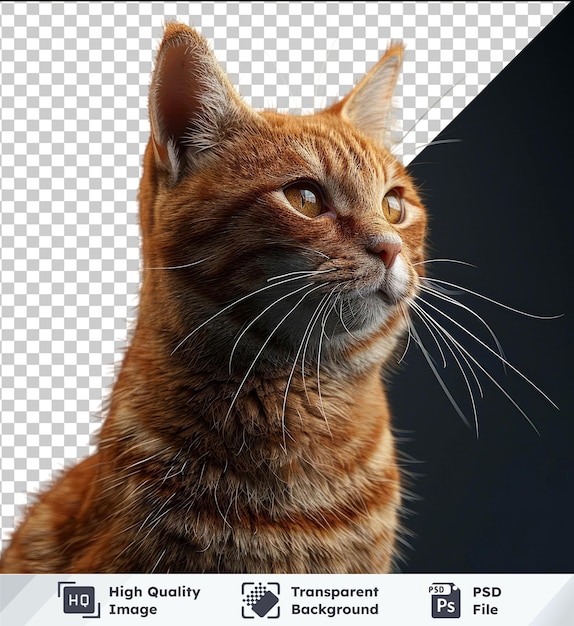 Transparent background PSD clipart of an orange tabby cat with distinct features