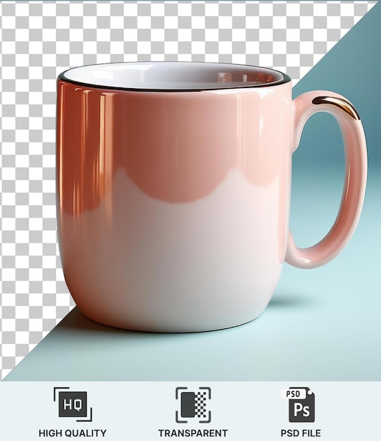 transparent background psd a coffee mug with a white rim and handle placed on a blue table against a blue wall casting a dark shadow