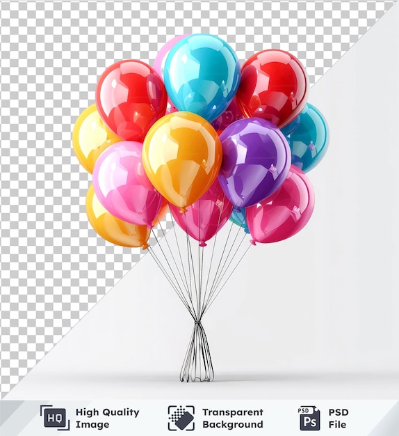 Transparent background psd colorful balloons set with red yellow blue pink and purple in a pattern