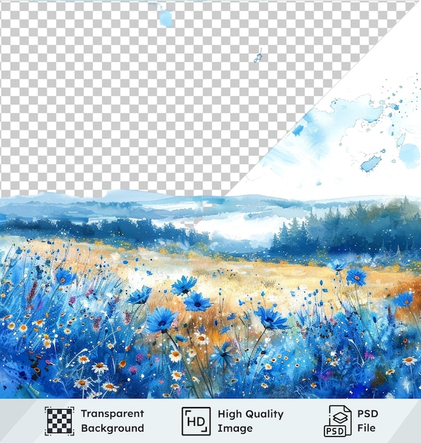 PSD transparent background psd colorful watercolor painting of a field in blue and yellow