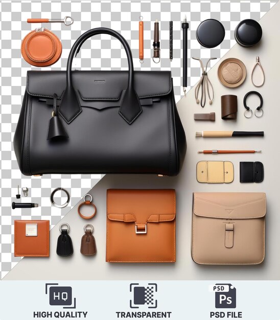 transparent background psd custom luxury handbag design tools set a black pen a black and orange pen and a brown and tan briefcase are displayed on a transparent background