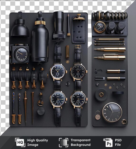 PSD transparent background psd custom luxury watch design tools set displayed on a black and gray wall accompanied by a black bottle